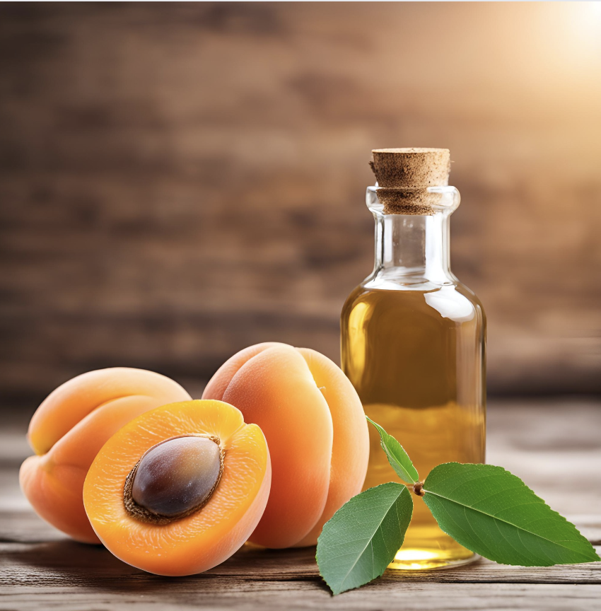 botella de aceite de hueso de albaricoque con albaricoques cortados alrededor.